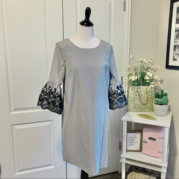 Nina Leonard Stripe Print Crochet Bell Sleeve Shift Dress - Picture 3 of 14